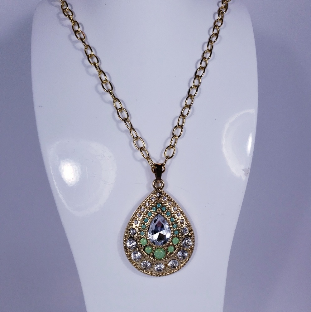 Gold Colored Pendant Green Blue Rhinestones - Picture 2 of 3
